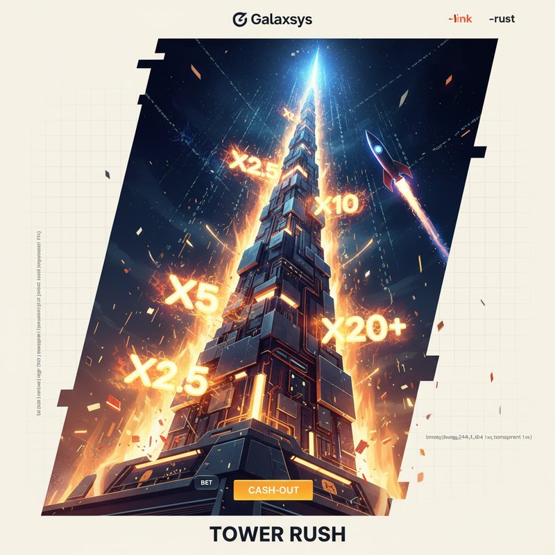 Tower Rush Slot von Galaxsys: Dynamisches Turmbau-Crash-Game mit leuchtenden Multiplikatoren, progressiven Gewinn-Türmen und strategischem Auszahlungssystem im futuristischen Design